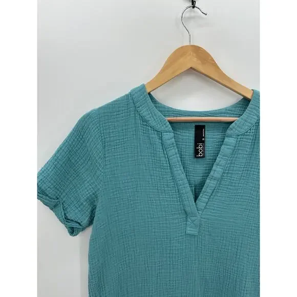 Bobi T-Shirt Dress Women Medium Blue V Neck Gauze Mini Summer Boho Coastal - Picture 3 of 7